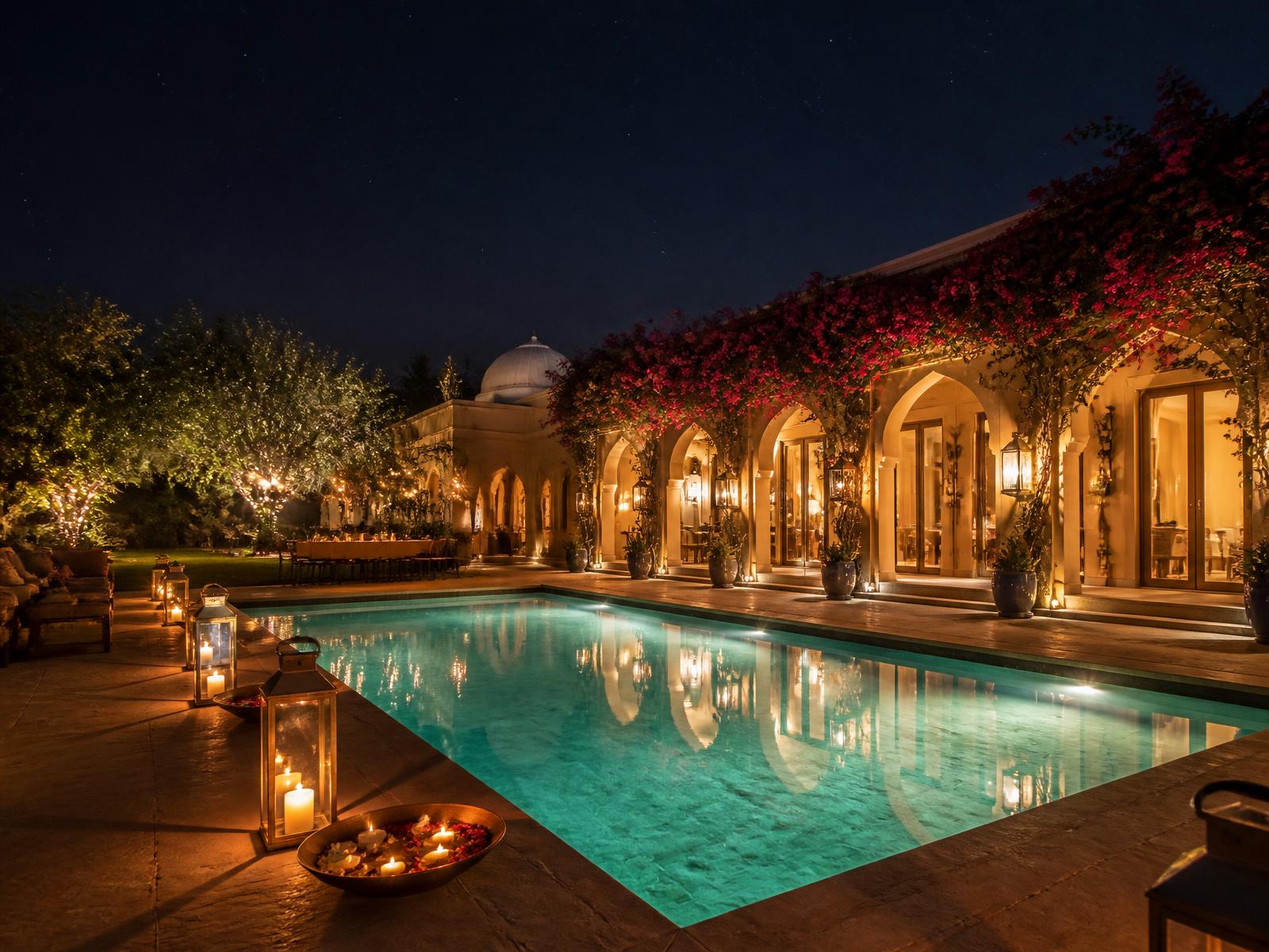 Villa pool lit at night with underwater lighting