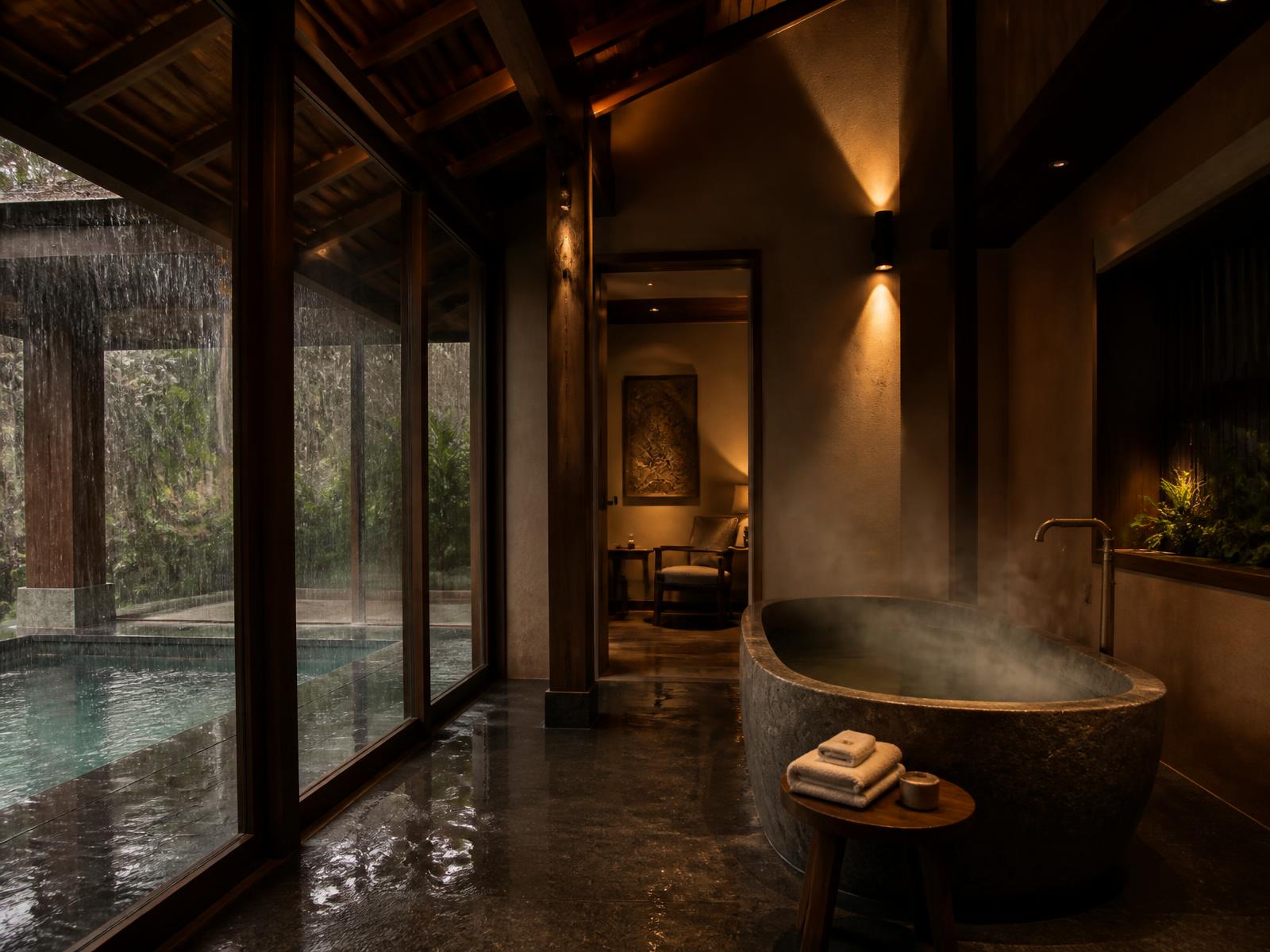 Dark stone spa with a warm-lit jacuzzi