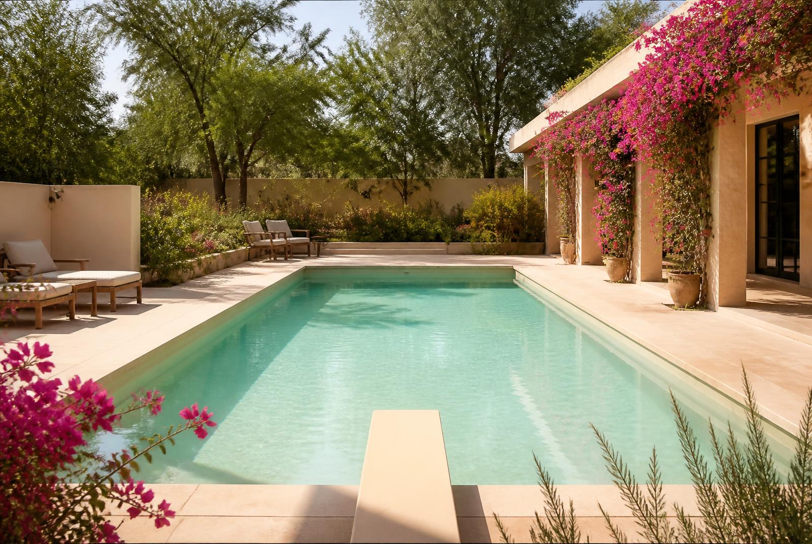 Reinforced membrane liner pool at a Delhi NCR farmhouse with bougainvillea