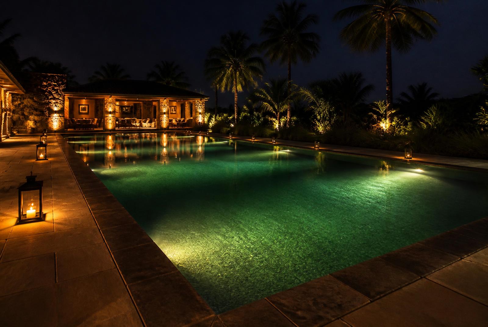 Reinforced membrane liner pool lit at night at an Indian farmhouse