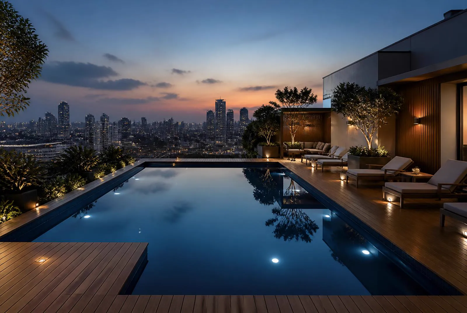 Reinforced membrane liner rooftop pool overlooking the Mumbai skyline at dusk