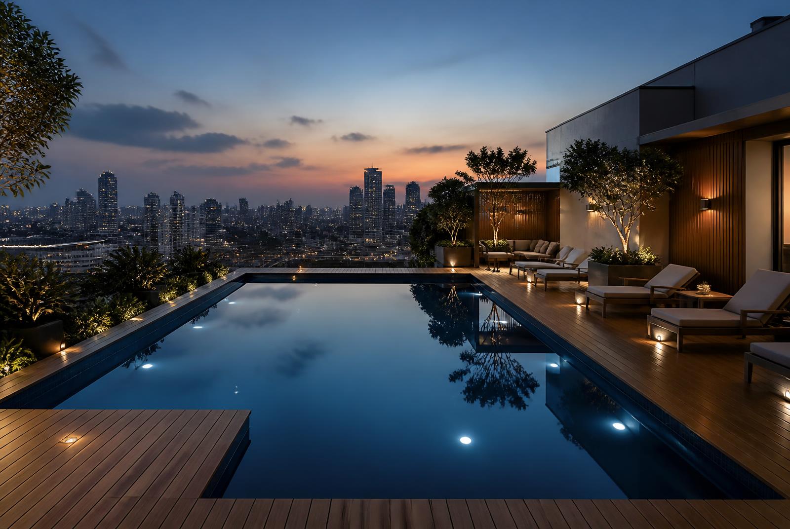 Reinforced membrane liner rooftop pool overlooking the Mumbai skyline at dusk